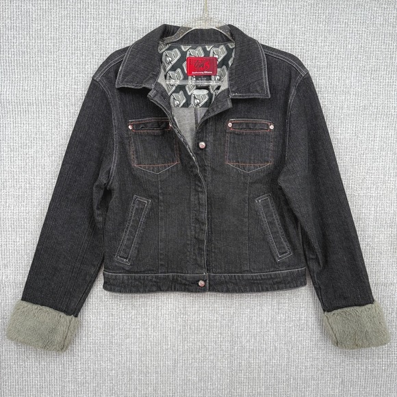 Johnny Blaze Denim Jacket Faux Fur Cuffs Western Pockets Black Jean Sz‎  L Y2K - Picture 1 of 15
